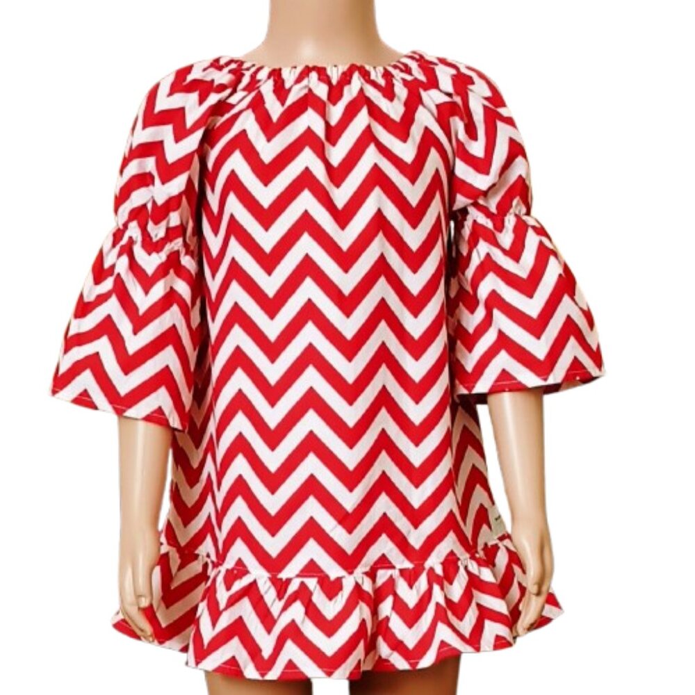 Two Sisters Red Chevron Peasant Dress 18-24M Ruffle Hem. Bell Sleeves Boho